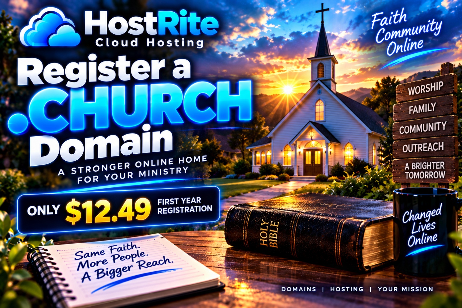 Church promotional banner bold neon text reading register a church domain beside a church at sunset with a bible and signposts in the foreground advertising $12 49 first year registration and faith outreach theme